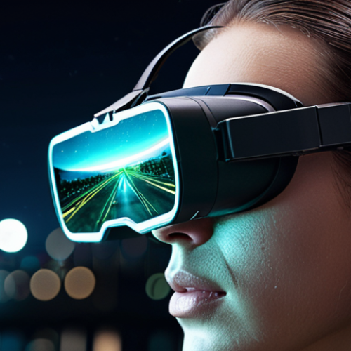 Home 4 **Enhanced Vision Technology:** A person with augmented reality glasses looking at a night scene with clarity, showcasing night vision capabilities. Highlight technological elements and a sense of futuristic enhancement.