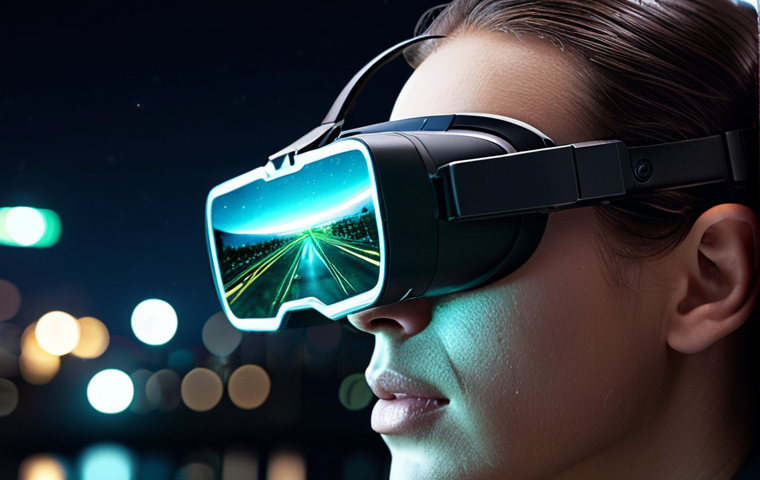 **Enhanced Vision Technology:** A person with augmented reality glasses looking at a night scene with clarity, showcasing night vision capabilities. Highlight technological elements and a sense of futuristic enhancement.