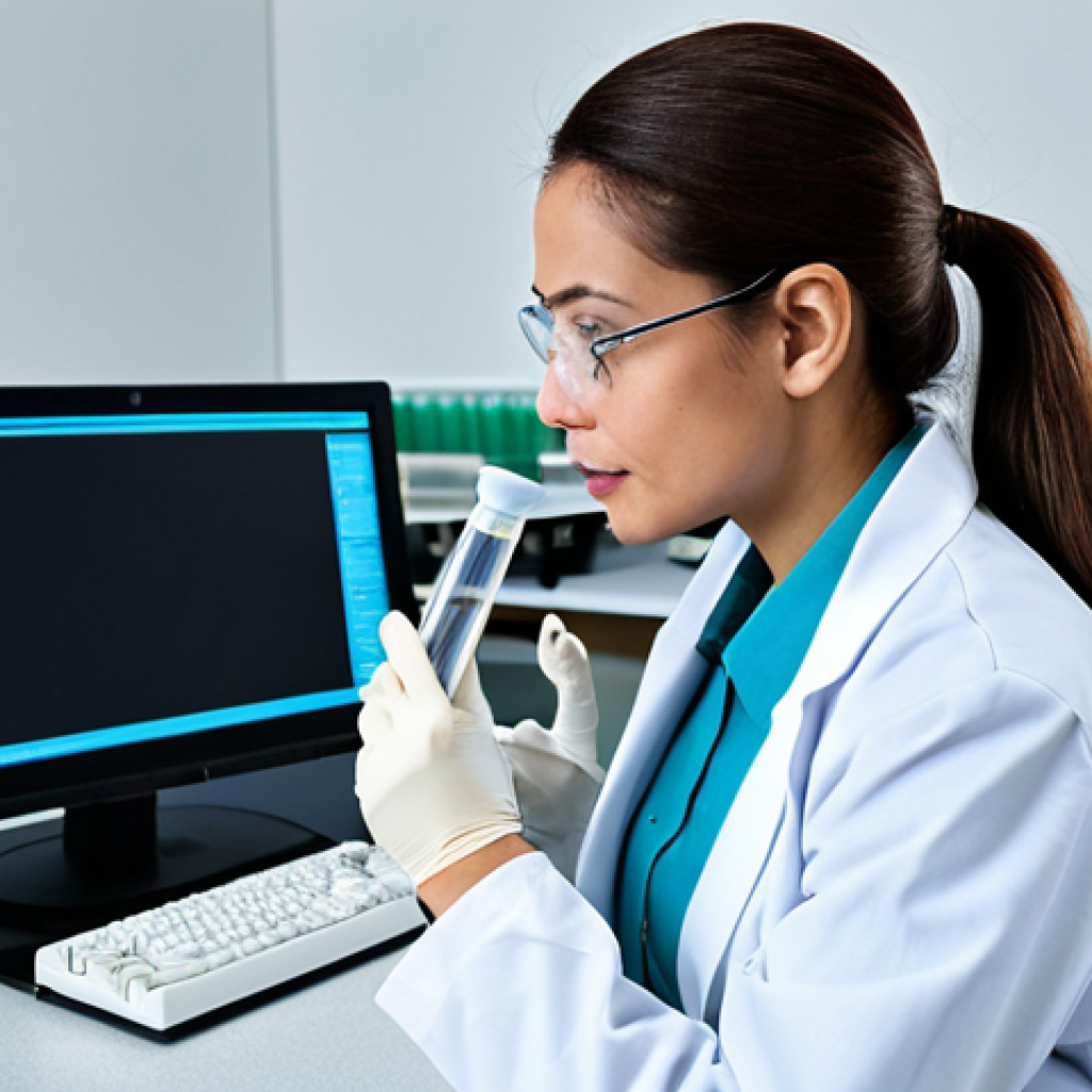 Scientist in Lab**

A female scientist in a fully clothed, professional lab coat and modest attire, working in a modern laboratory.  She is examining a test tube with a glowing liquid. Beakers, lab equipment, and computer screens are visible in the background.  Safe for work, appropriate content, perfect anatomy, correct proportions, professional, family-friendly, well-formed hands, proper finger count, natural body proportions, high resolution.

**
