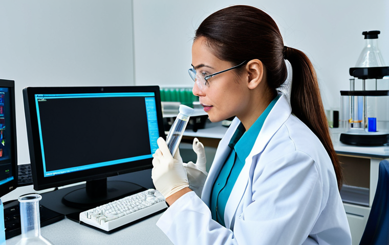Scientist in Lab**

A female scientist in a fully clothed, professional lab coat and modest attire, working in a modern laboratory.  She is examining a test tube with a glowing liquid. Beakers, lab equipment, and computer screens are visible in the background.  Safe for work, appropriate content, perfect anatomy, correct proportions, professional, family-friendly, well-formed hands, proper finger count, natural body proportions, high resolution.

**