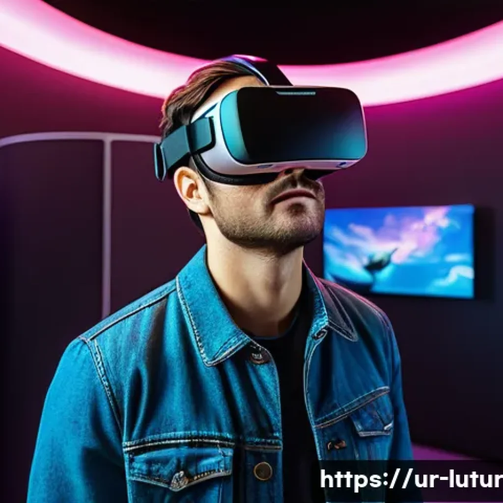 감각 확장 인터페이스와 차세대 플랫폼 - A detailed virtual reality museum tour scene featuring an adult male wearing casual clothing and VR ...