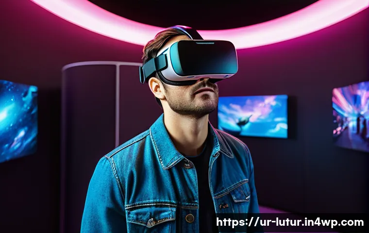 감각 확장 인터페이스와 차세대 플랫폼 - A detailed virtual reality museum tour scene featuring an adult male wearing casual clothing and VR ...