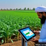 Home 20 감각 확장 인터페이스의 지속 가능한 개발 목표 - A futuristic smart agriculture scene in a lush green farm in Pakistan, showcasing advanced sensory e...