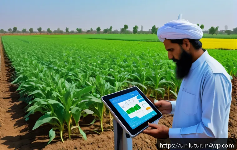 감각 확장 인터페이스의 지속 가능한 개발 목표 - A futuristic smart agriculture scene in a lush green farm in Pakistan, showcasing advanced sensory e...