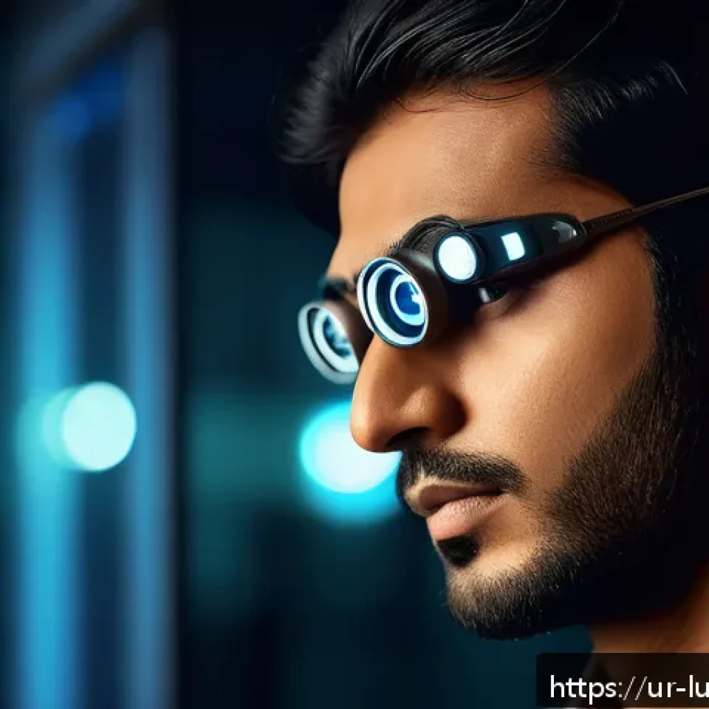 감각 확장 인터페이스의 미래 기술 구상 - A futuristic scene depicting a South Asian man using a bionic eye implant in a dimly lit environment...