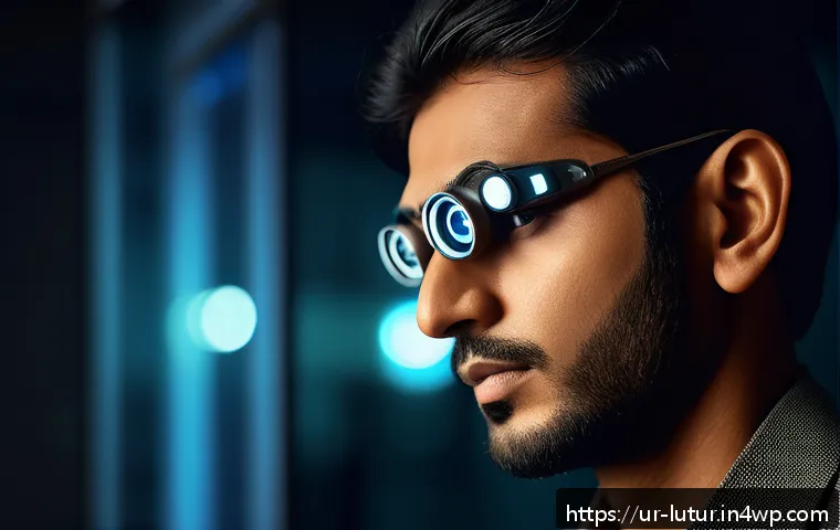 감각 확장 인터페이스의 미래 기술 구상 - A futuristic scene depicting a South Asian man using a bionic eye implant in a dimly lit environment...