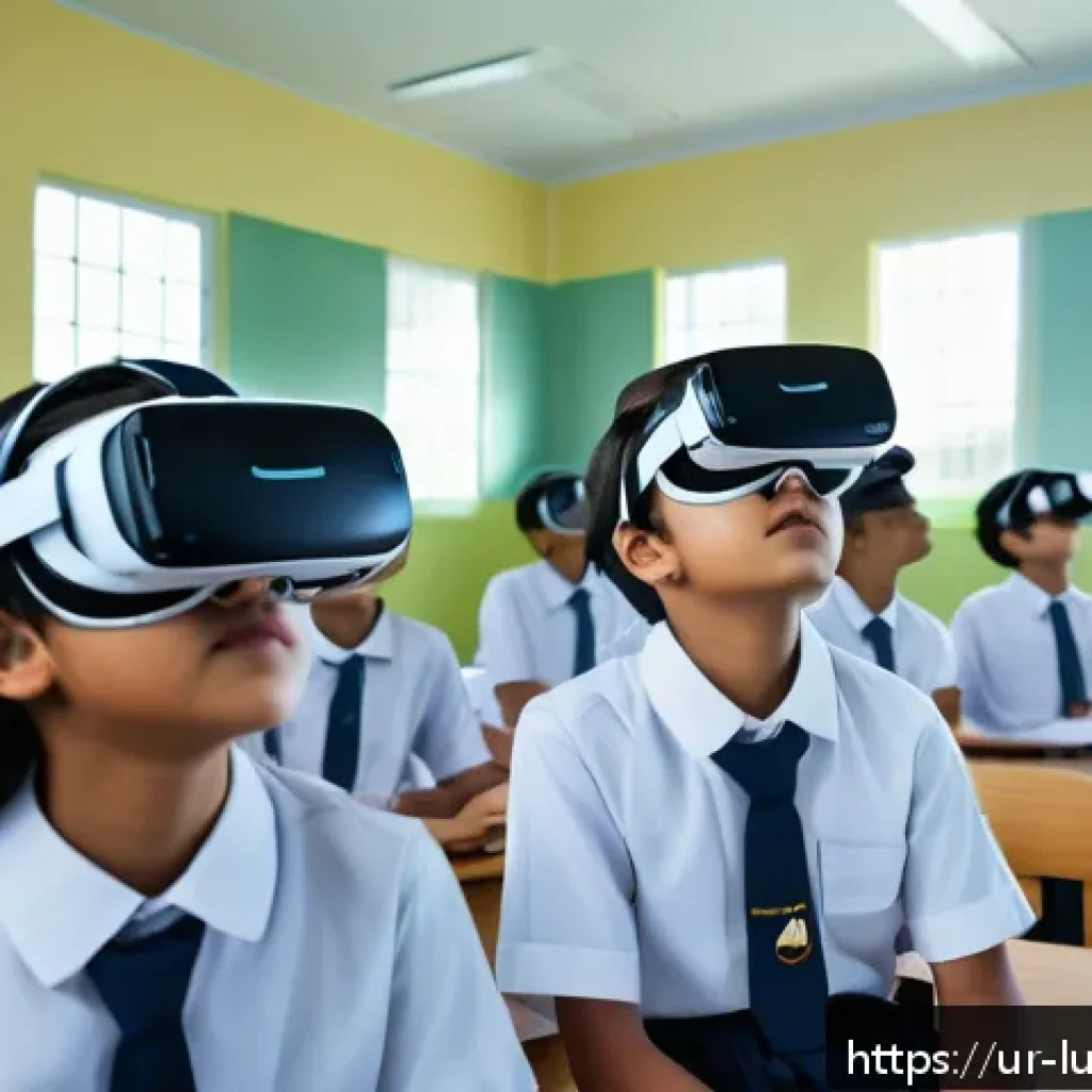 감각 확장 인터페이스의 국제적 표준화 노력 - A futuristic virtual reality classroom scene in a modern Pakistani school setting, featuring diverse...