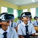 Home 18 감각 확장 인터페이스의 국제적 표준화 노력 - A futuristic virtual reality classroom scene in a modern Pakistani school setting, featuring diverse...
