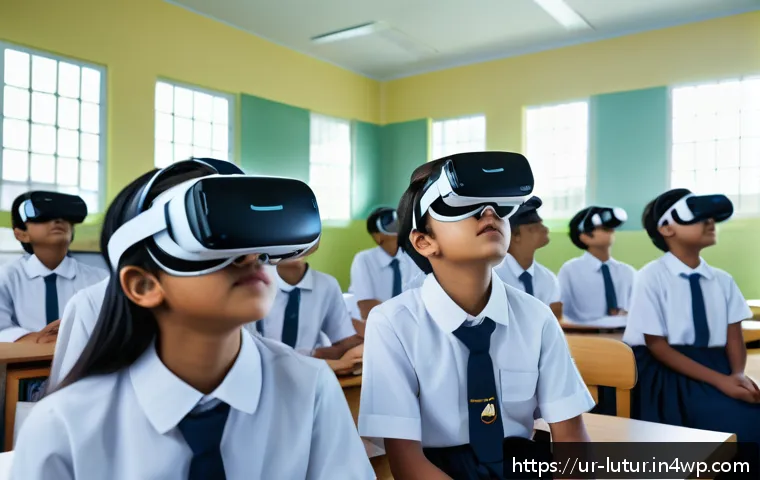 감각 확장 인터페이스의 국제적 표준화 노력 - A futuristic virtual reality classroom scene in a modern Pakistani school setting, featuring diverse...