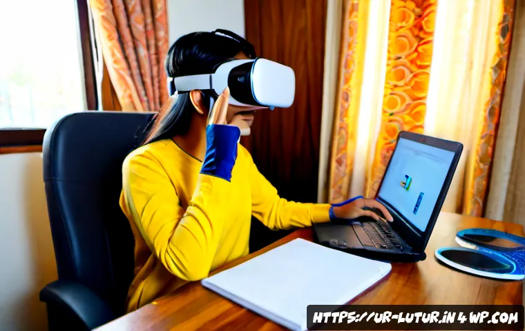 Home 17 가상 현실에서의 감각 확장 인터페이스 활용 - Photorealistic Pakistani university student in modest casual clothing using a sleek virtual reality ...