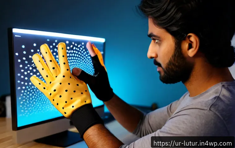 Home 17 감각 확장 인터페이스의 데이터 시각화 기술 - Photorealistic Pakistani product designer in a modest modern Lahore studio using a lightweight augme...